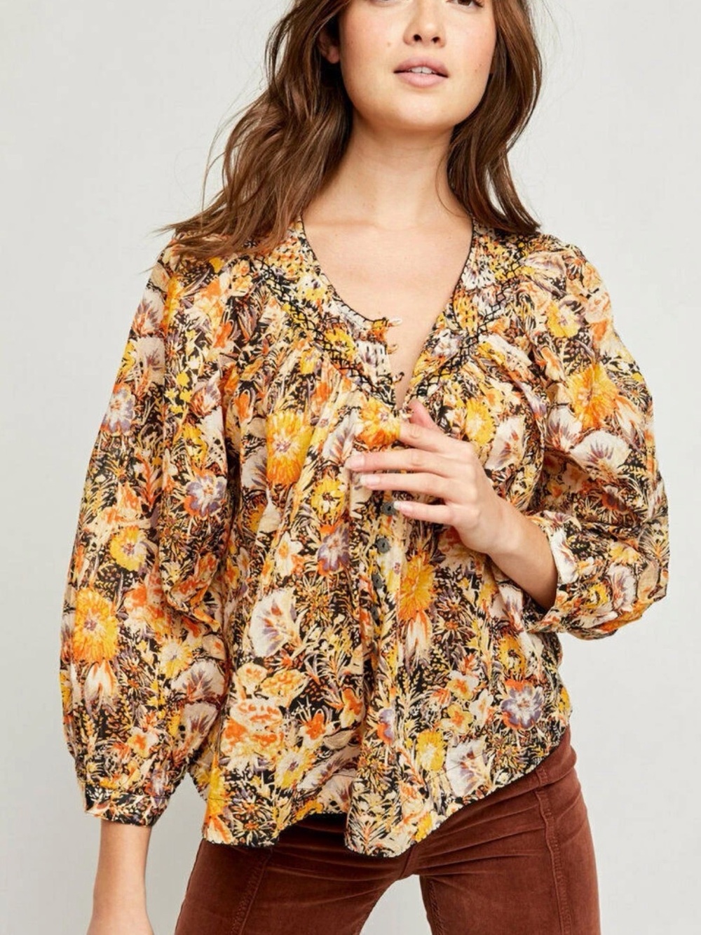 Free People Floral Button-Down Blouse in Yellow and Brown